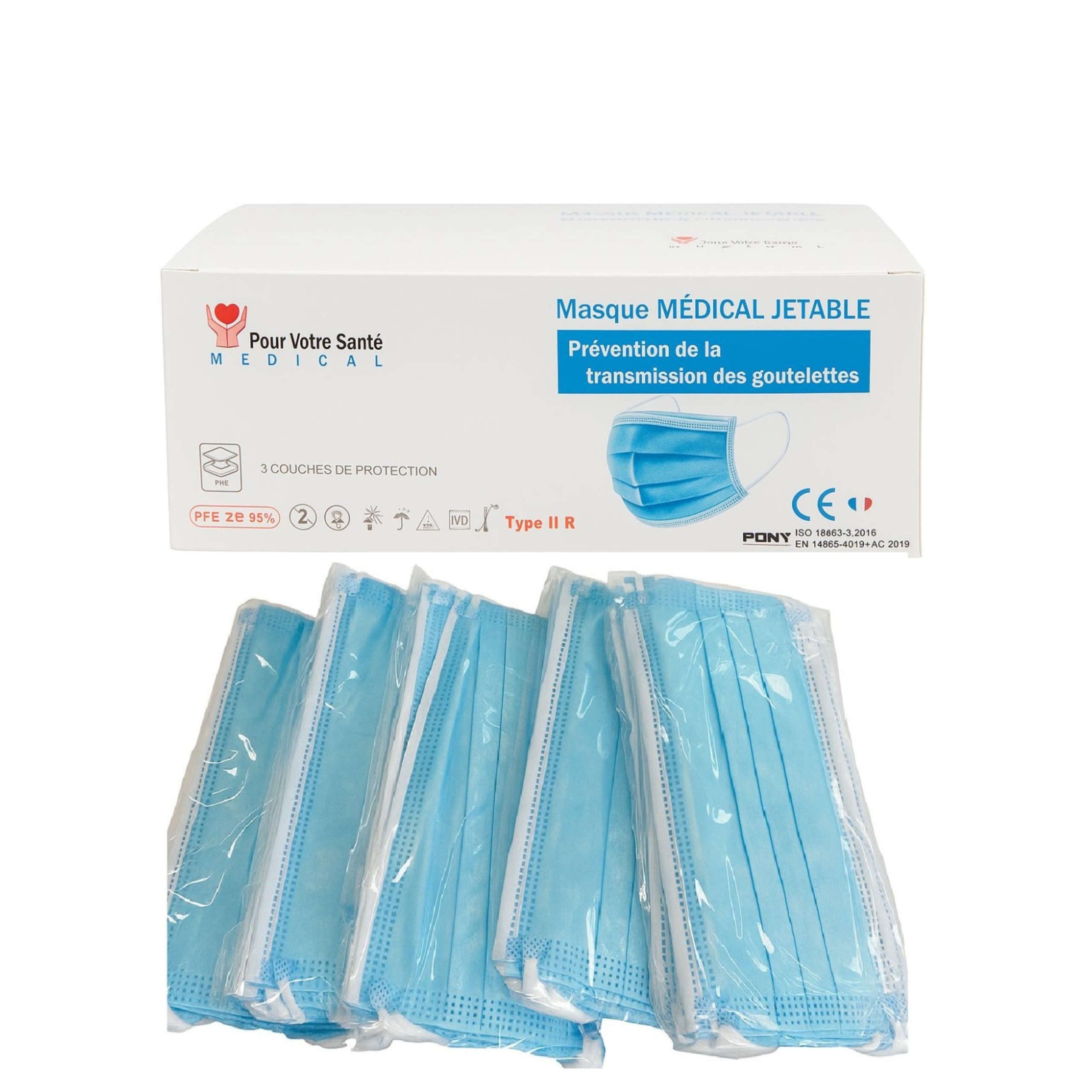 Masque chirurgical type IIR Bleu boite de 5 sachets de 10 masques - Carton de 48 boites